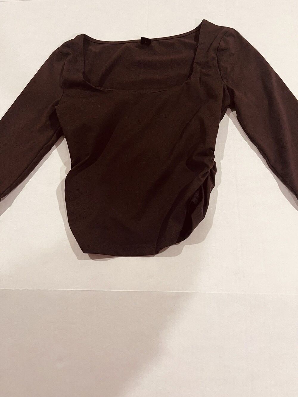 SHEIN Womens Long Sleeve Ruched Brown Square Neck Stretch Size Petites XS